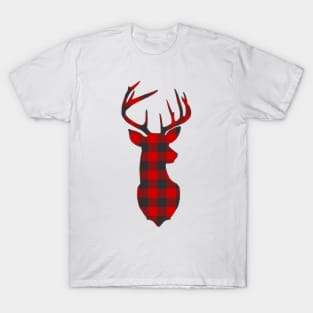 Christmas Deer Head Red Buffalo Plaid T-Shirt